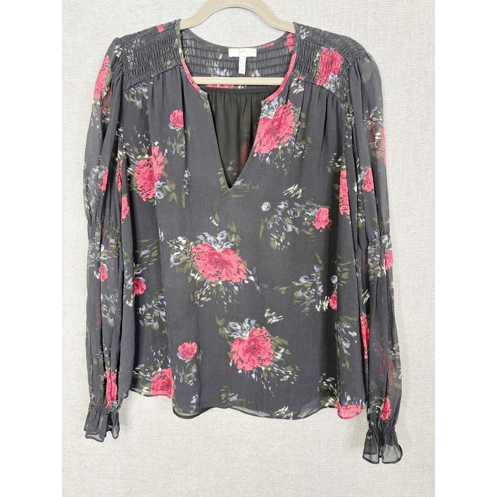 Joie Top Womens Large Black Red Floral Silk Bell Sleeve Dark Romantic Career